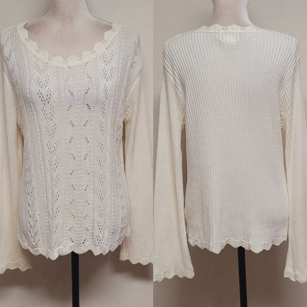 Vintage 90s Worthington USA Made Cream Scalloped Knit Flare Sleeve Sweater L